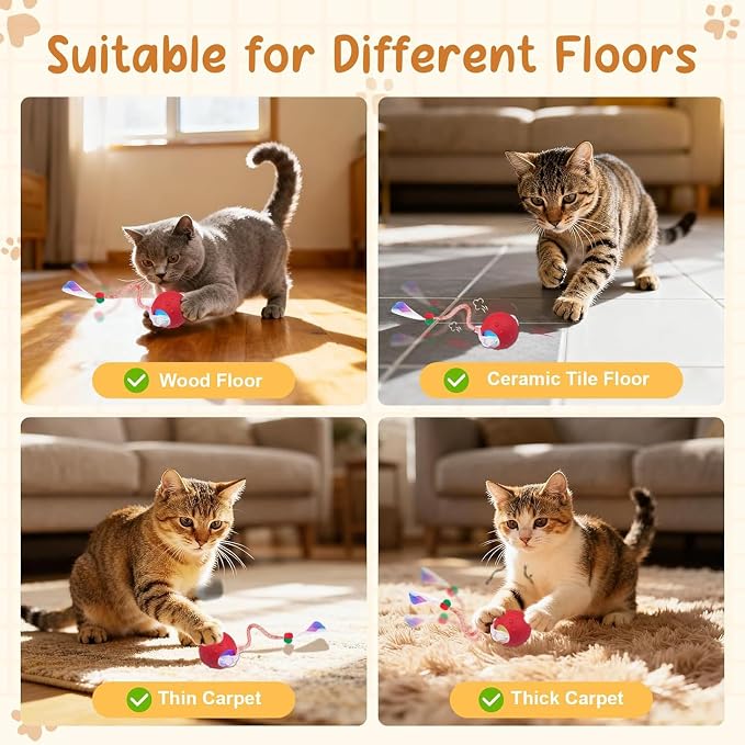 2PCS Interactive Cat Toys for Indoor Cats with 6 Tails, Automatic Cat Toy | Fast Rolling on Carpet/ Wooden Floor/ Tiles, Rechargeable Kitten Toys, for Small/ Medium/ Large Cats to Enrichment Exercise