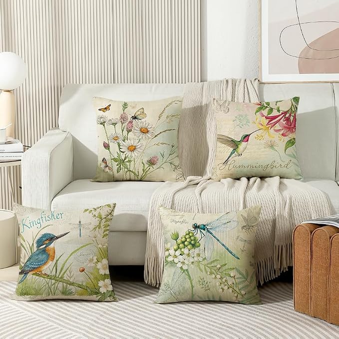 wyooxoo Throw Pillow Covers 20x20 Set of 4 Spring Summer Pillow Covers Flower Butterfly Bird Farmhouse Pillowcases for Sofa Couch Living Room Outdoor
