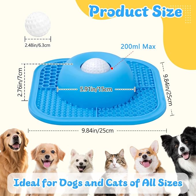Slow Feeder Dog Bowls & Lick Mat for Liquid and Thick Treat, Anti-Slip Dog Lick Bowl with Interactive Rolling Ball, 5/6 Cup Pup Licking Toy for Large Medium Small Dogs and Cats Blue