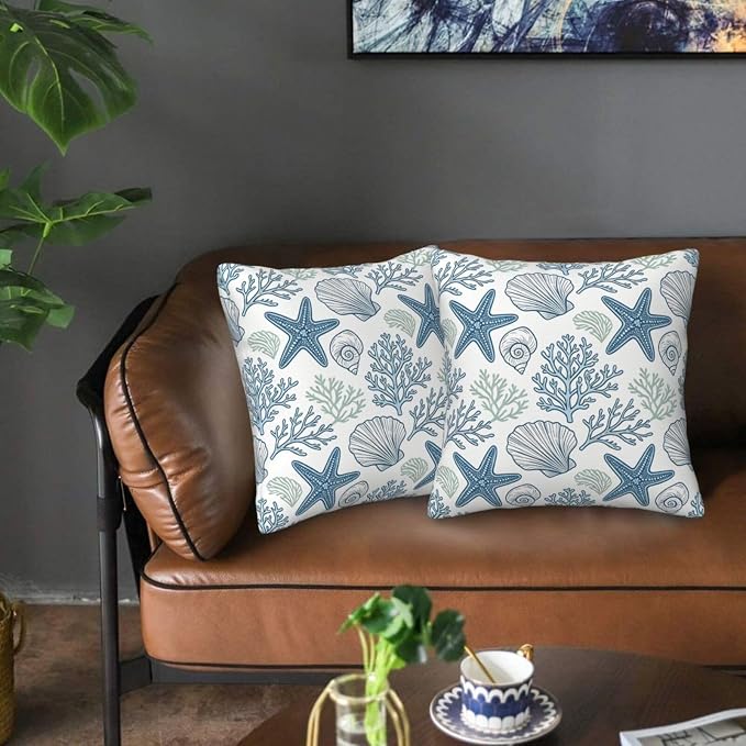 Coastal Starfish Shell Throw Pillow Covers 18x18 Set of 2 Nautical Beach Square Cushion Cases