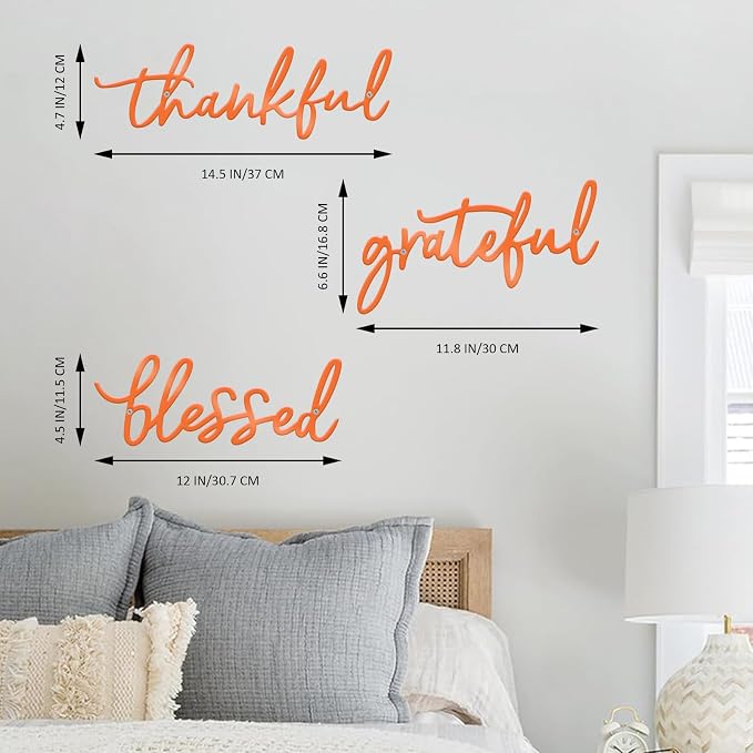 Thankful Grateful Blessed Letter Sign Metal Wall Decor, 3 Piece Black Letters Wall Art for Bathroom Bedroom Metal Words Wall Decor for Home Decor (Orange)