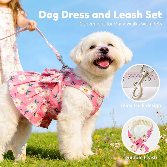 BAEJMJK Dog Dress Bowknot Harness Leash Set for Small Dogs Cats Daisy Floral Girl Dog Dresses Cute Puppy Princess Clothes Pet Doggy Outfits Spring Summer Breathable Dresses(Pink,Large)