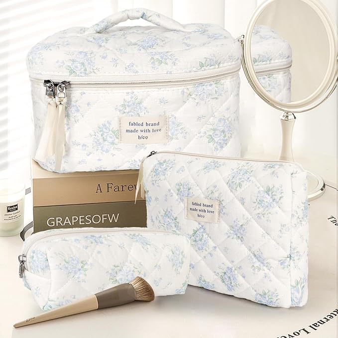 GISMTR 3Pcs Cotton Quilted Makeup Bag Large Travel Cosmetic Bag Coquette Makeup Pouch Cute Aesthetic Floral Toiletry Bag for Women Girls (flower-T)