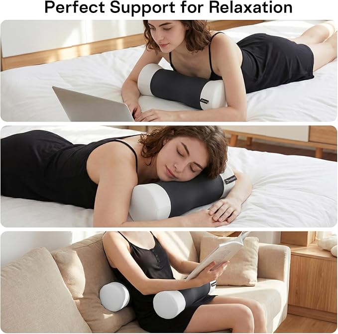 Neck Roll Pillow - Cooling Cover Round Neck Pillow for Sleeping - Memory Foam Cervical Support Pillow - Ergonomic Cylinder Pillows for Neck, Leg, Back, Yoga, Relaxing (Grey White)