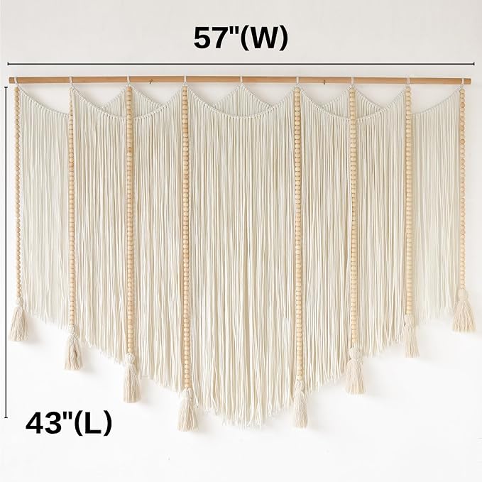 Jakalin Macrame Wall Hanging White Beads Yarn Art Boho Home Decor 57"x43" | Boho Wall Decor for Living Room,Bedroom,Nursery,Handwoven Tassel,Macrame Wall Art Cotton Craftsmanship Texture Wall Decor