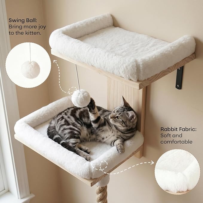 Cat Wall Shelves, 2 Beds with 4.92 ft Cat Scratching Post Rope | Tree Shape Cat Wall Furniture Set, Kitten Floating Shelf with Soft Cushion Perch, Solid Wood Cat Perch for Climb, Play, Nap