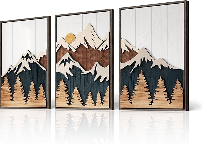 Framed Wood 3D Mountain Textured Wall Art for Living Room, Set of 3 Farmhouse Modern Wood Artwork for Walls, Large Mountain Forest Landscape Wall Art Decor for Home Office Bedroom Hallway, 20x30 Inch