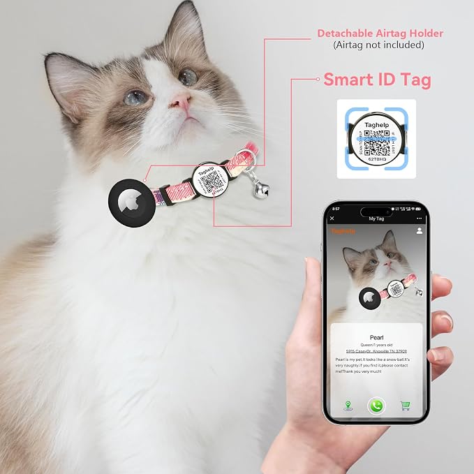 Grid Cloth Breakaway Cat Collar with Smart ID tag with AirTag Holder and Bell, Light, Adjustable,AirTag, Integrated Air Tag Cat Collar for Apple.Tracker for Girl Boy Cats Kittens(Green)