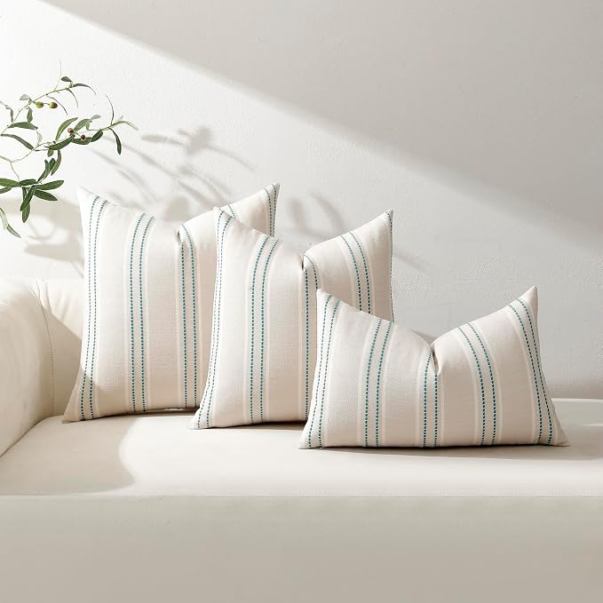 Hckot Stripe Throw Pillow Covers 22x22 Set of 2 Teal Blue Pillow Covers | Farmhouse Decorative Pillows Textured Linen Square Cushion Covers for Sofa Couch Bed Living Room Decor