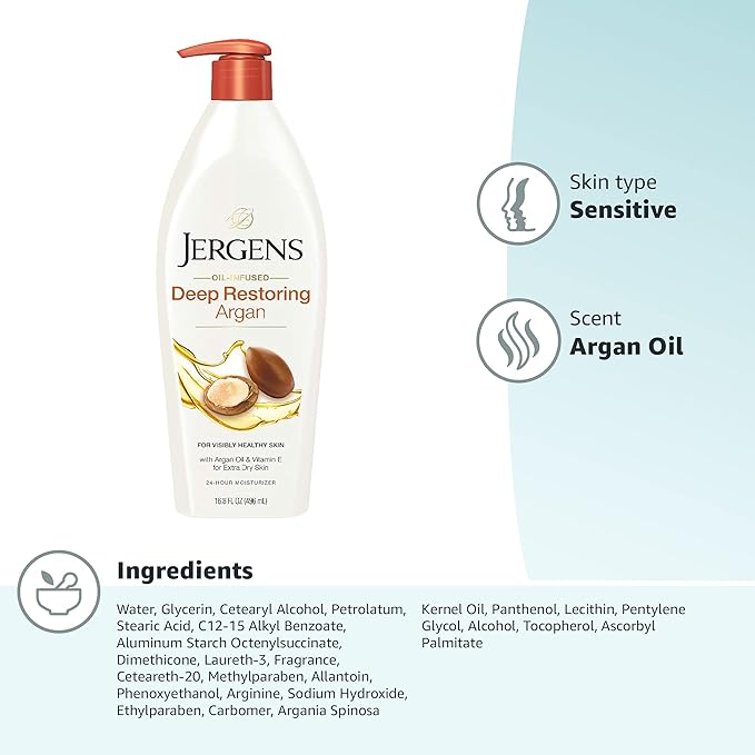 Jergens Deep Restoring Argan Oil Moisturizer, Soothing Body and Hand-Lotion with Reviving Argan_Oil and Vitamin E, Oil-Infused, Dermatologist Tested, 16.8 oz (Pack of 2)