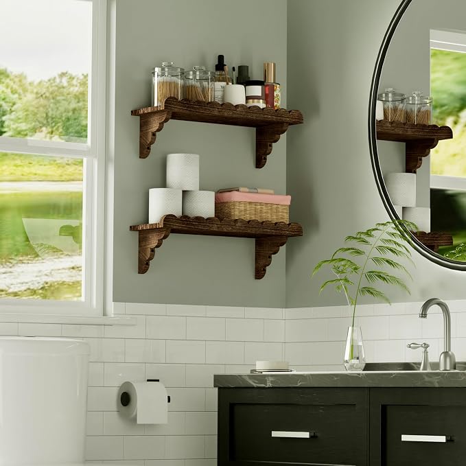 Scalloped Wood Wall Shelf – 17 Inch Floating Shelf with Wood Brackets, Easy to Install Rustic Wall Shelf for Living Room, Bedroom, Bathroom, or Any Space