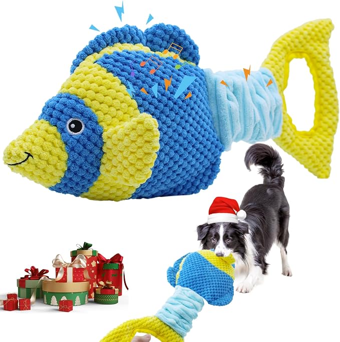 YZHDUXIU Fish Dog Squeak Toys, Elastic Band Tug of War Dog Toy with Crinkle