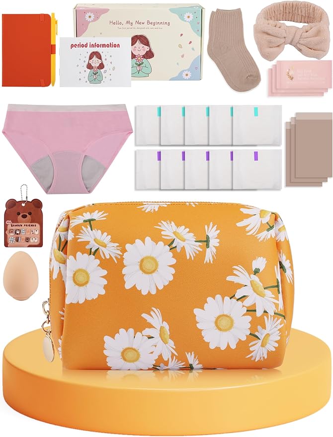 First Period Gift Kit for Girls 9-12 | Complete Tween Period Set with Daisy Yellow Bag, Leak-Proof Panties, Teen Pads, Wipes, Diary, Nail Stickers & More – Perfect for School & Travel (M)