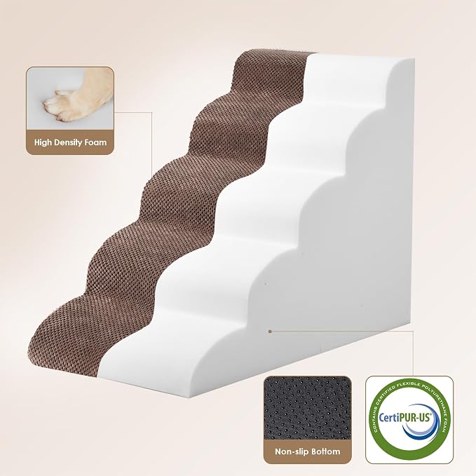 EHEYCIGA Curved Dog Stairs Ramp, 5-Step High Beds, 22.6" H Pet Step | 33D density of pure foam, for Small Dogs and Cats, Pet Stairs for High Bed Climbing, Non-Slip Balanced Indoor, Brown