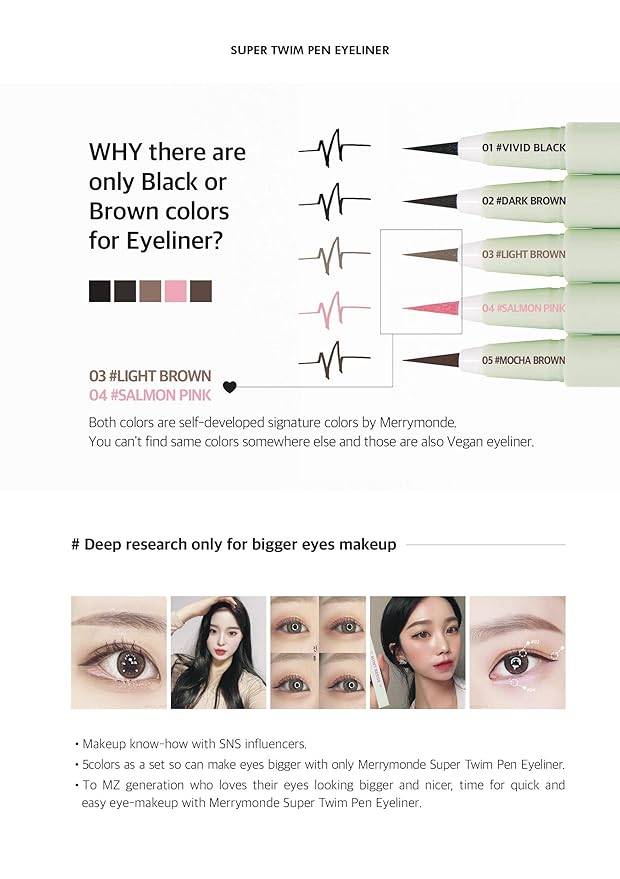 Merrymonde Multicolor Super Slim Long Lasting Eyeliner Vegan Easy Ultra-Fine Felt Tip Pen Liquid Korean K Beauty Waterproof Mechanical Eye Liner Makeup (Mocha Brown)
