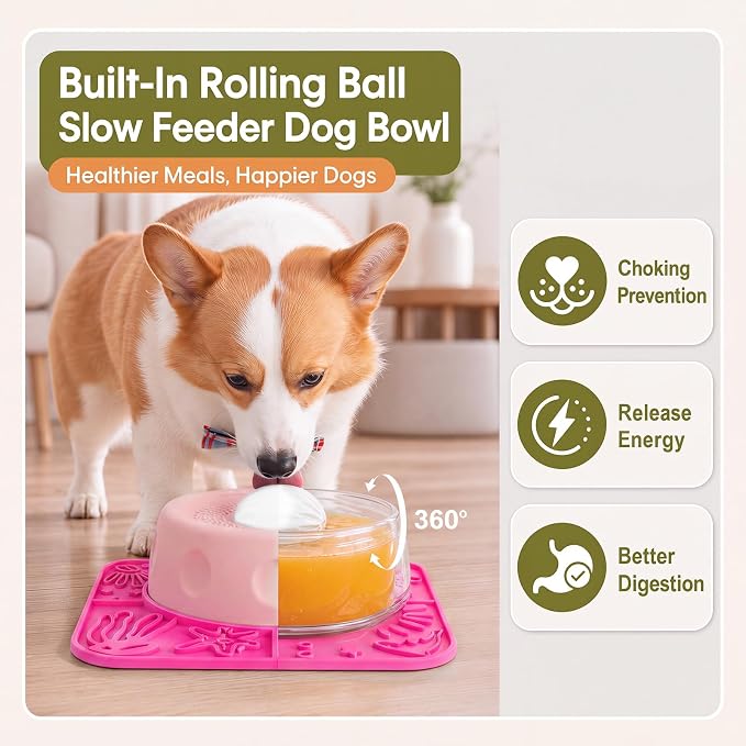 Pezluxe Slow Feeder Dog Bowls & Lick Mat,Dog Licking Bowl with Rolling Ball