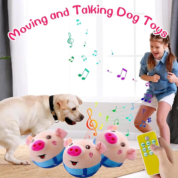 Interactive Plush Dog Toys, Interactive Puppy Toy Bouncing Rolling Dog Ball Remote Control with Music, Self Moving Pet Toy for Small/Medium/Large Bored Dogs to Keep Them Busy(Blue Pig)