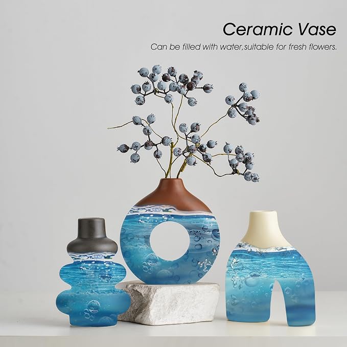 Boho Ceramic Vase Set of 3, Rustic Flower Vases for Pampas Grass | Modern Boho Vase for Decor, Decorative Vases Centerpieces for Wedding Living Room Bedroom Coffee Table Dinner Table