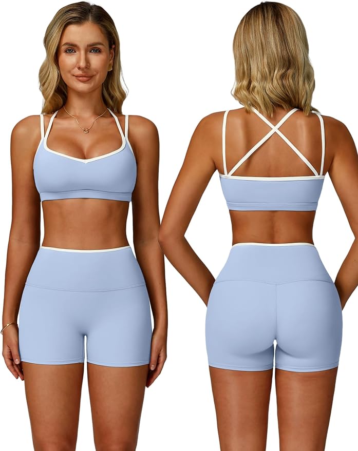 ABOCIW Workout Sets for Women 2 Piece Color Block Strappy Sports Bra High Waist Shorts Gym Yoga Pilates Outfits