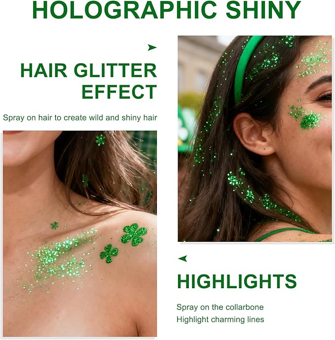 Hair and Body Glitter Spray, 1PC St Patricks Day Glitter Hairspray Dry Powder Makeup for Clothes, Festival Rave Prom Loose Sparkle Powder,Holographic Ultra Fine Resin Glitters for Crafts (1PC Green)
