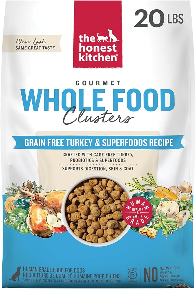 The Honest Kitchen Grain Free Turkey & Superfoods Whole Food Clusters, Human Grade Dry Dog Food, Vet-Crafted Nutritional Support for Skin, Coat, Digestion & Overall Wellness, 20 lb Bag