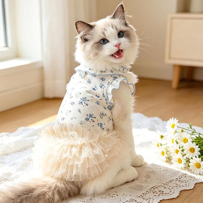 Dog Dresses for Small Dogs Girl,Floral Dog Tutu Dress,Pet Clothes for Puppy Small Cats Cute Dog Princess Skirt for Female Pet Birthday Party Outfit（Blue,Large）
