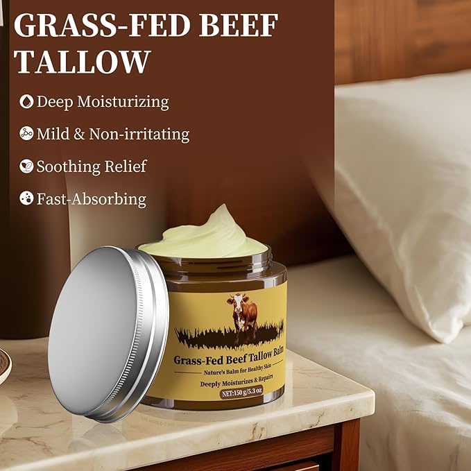 Oebitor Beef Tallow for Skin, Tallow and Honey Balm, Facial Moisturizer Cream, 100% Organic Grass Fed Whipped Beef Tallow Balm Deeply Moisturizing for Face & Body, Suitable For All Skin Types(5.3oz)
