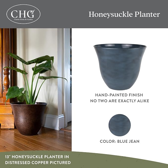 13" Honeysuckle Planter in Blue Jean | Hand-Painted Finish Plant Pots, Lightweight Indoor Outdoor Planter, UV-Resistant, Great for Patio, Home & Garden Decor Accent