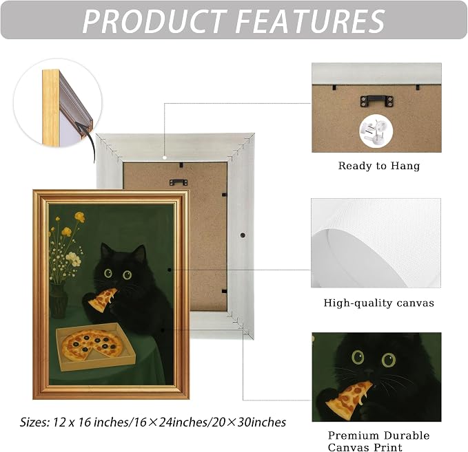 ICHZUMW Gold Framed Funny Black Cat Eating Pizza Canvas Wall Art, 12x16 In | Quirky Cat Print Humorous Animal Kitchen Wall Decor, Dining Room Bedroom Living Room, Fade Resistant, Ready to Hang