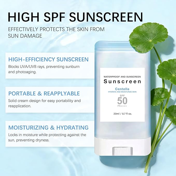 Suncream Stick with Centella SPF50+ PA++++ Moisturizing Sun Stick Waterproof Lightweight UVA UVB Protection Broad Spectrum Sunblock Sticks for Face and Body (1pc)