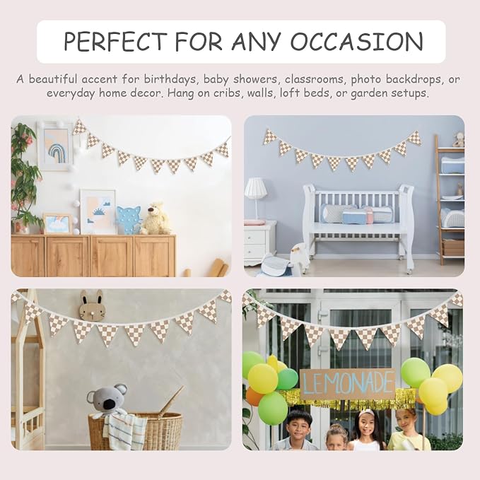 Boys Room Wall Art Decor,Cars Room Decor for Toddler Nursery Playroom,Brown and White Checkered Garland Pennant Banners,Racing Flags 11Ft Bunting Flags Fabric for Baby Shower Birthday Party