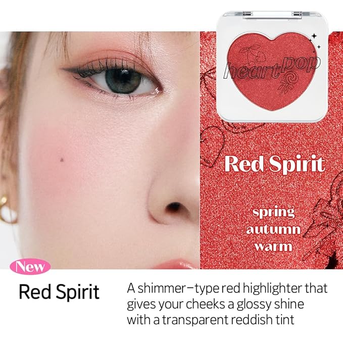 ETUDE Heart Pop Blush, Bold Red Cheek Color, Natural Highlight & Glossy Finish, Compact 0.2 oz – Red Spirit