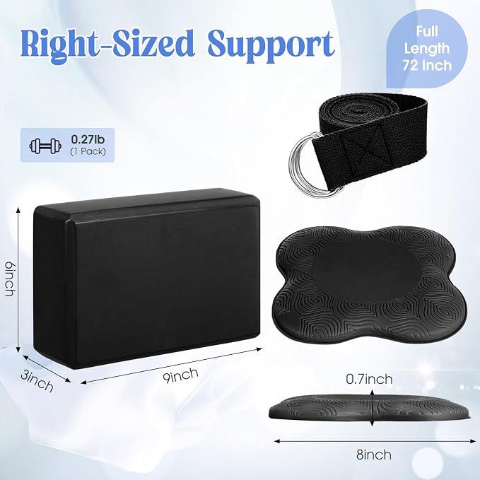 RoundFunny 5 Pcs Yoga Blocks Knee Pads Yoga Strap Set Soft Premium Foam Blocks Accessories for Pilates Meditation General Fitness Stability, Kneeling, Balance, Deepen Stretches and Toning