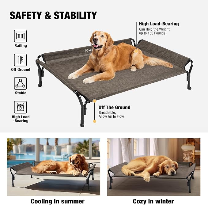 Veehoo Medium Elevated Dog Bed, Guardrail, Non-Slip, Chewproof, Washable & Breathable Teslin Mesh, Brown | Washable Dog Couch Bed for Indoor & Outdoor, Durable Breathable Teslin Mesh, Non-Slip Feet, Medium, 39.5" x 28", Brown