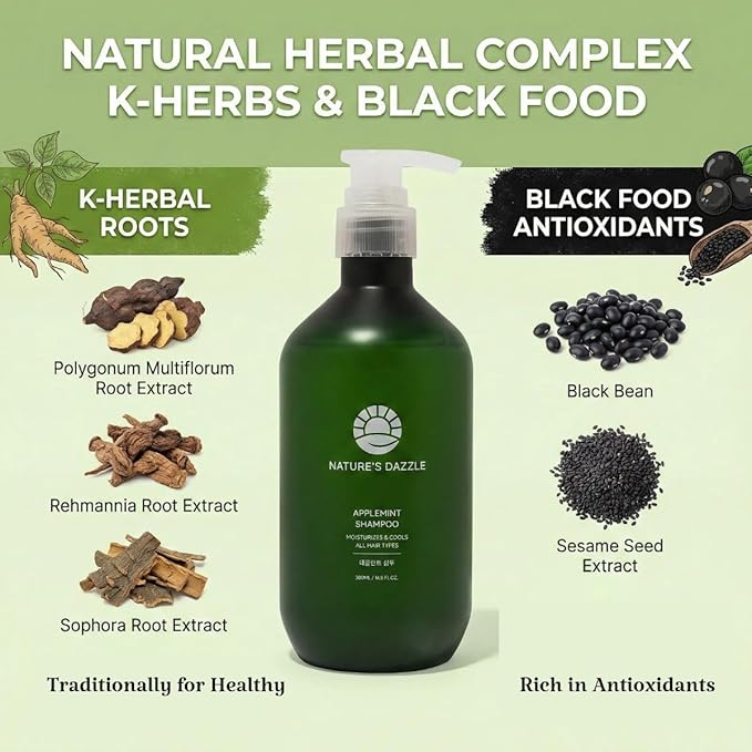 Nature’s Dazzle Applemint Cool Relief Shampoo - Clarifying Tea Tree & Peppermint for Oily Scalp - Sulfate Free Volumizing Formula with Salicylic Acid & Herbal Extracts - K-Beauty, 16.9 fl oz