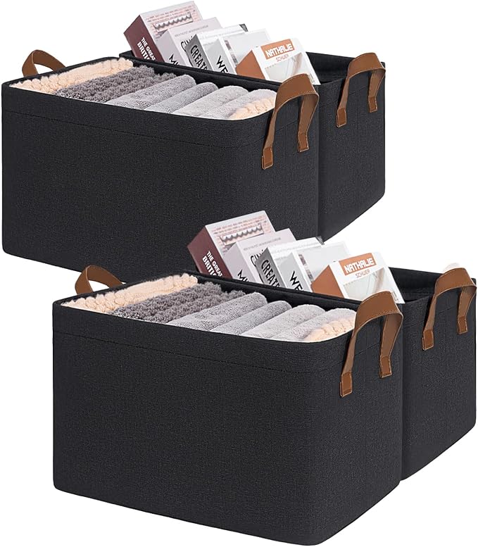 CHICVITA 4-Pack Fabric Storage Baskets for Shelves, Metal Frame, Black | 16 ¾" L x 11" W x 9 ¾" H, Collapsible Design, Clothes, Toys & Towel Storage, Bedroom & Living Room Organization