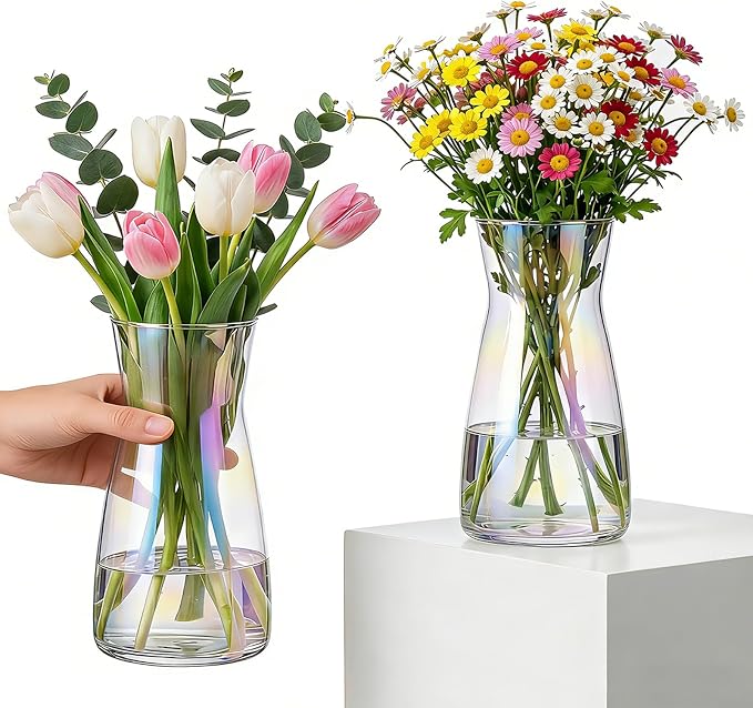 8 inch Glass Flower Vases for Flower 2 Pack,Colorful Glass Vases | Vases for Centerpieces Table,Flower Bouquet Decoration,Wedding Decor Gift,Birthday,Living Room