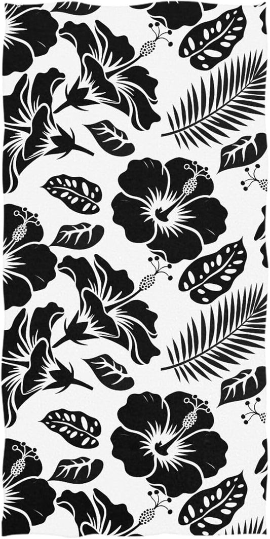 Black Hibiscus Flower Beach Towel, Microfiber Absorbent Quick Dry Swimming Yoga Beach Towels for Women, Men, Kids