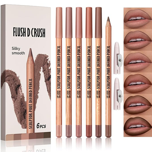 Erinde Nude Matte Lip Liner Set, 6 Colors Lipliner Pencil Pack with Sharpener for Define & Sculpt Lip, Long-Lasting Waterproof Non-Smudge Brown Lipliner Delineador De Labios, 02 Nude Brown Series