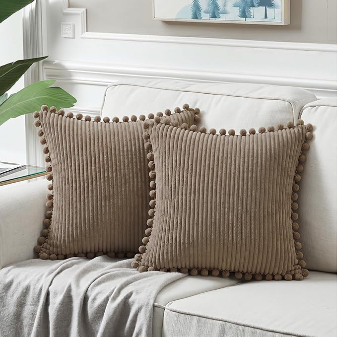 Fancy Homi Set of 2 Light Brown Decorative Throw Pillow Covers 14x14 Inch with Pom-poms for Couch Bed Sofa, Modern Farmhouse Boho Home Decor, Soft Plush Corduroy Cute Cushion Case 35x35 cm