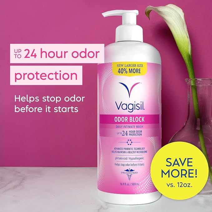 Vagisil Feminine Wash for Intimate Area Hygiene, Odor Block, Gynecologist Tested, Hypoallergenic, 16.9 oz with Pump