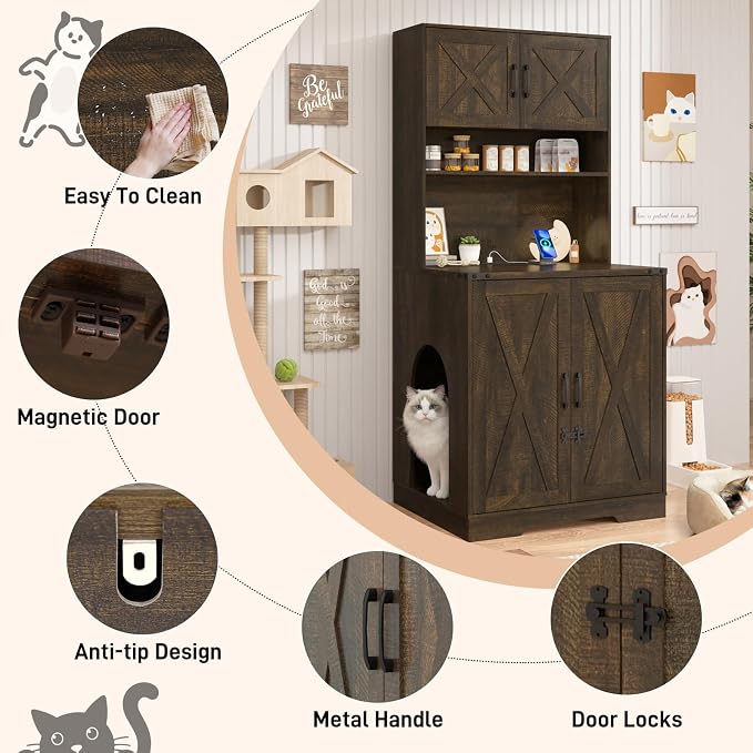 71Inches Tall Cat Litter Box Enclosure for Cats W/Power Outlets,Open Shelves.Wooden Pet Washroom Furniture W/Lock,Cabinet.White Indoor Cats House,Hidden Cat Litter Box for Living Room,Bedroom(Brown-2)