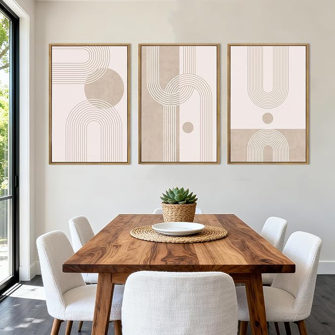 ANHUIB Extra Large Neutral Boho Abstract Canvas Wall Art Set of 3 Framed Mid Century Modern Wall Decor Beige Geometric Line Artwork Minimalist Prints 24x36 Inch Painting for Living Room Bedroom Dining Room Office