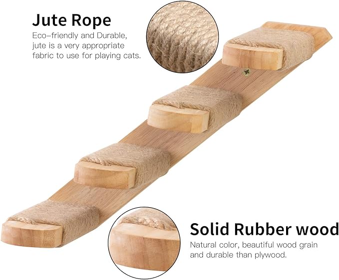 FUKUMARU Cat Climbing Shelf Wall Mounted, Small | Four Step Cat Stair, Natural Jute Scratching, Solid Rubber Wood, Kitten Shelves Furniture