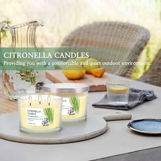 Citronella Candle Outdoor 2-Pack - 14oz Each 3-Wick Candles in Clear Glass Jars, Made with Citronella Oil & Soy Wax for Patio, Camping, Backyard, Emergency & Outdoor Ambiance.