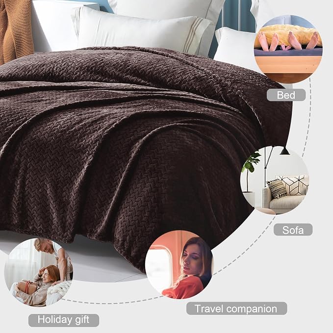 Exclusivo Mezcla Soft Fleece Bed Blanket King Size, 90”x104”, Coffee | Cozy Fluffy Lightweight Blankets for Summer, Decorative Plush Flannel Throws for Living room, Bedroom with Leaves Pattern