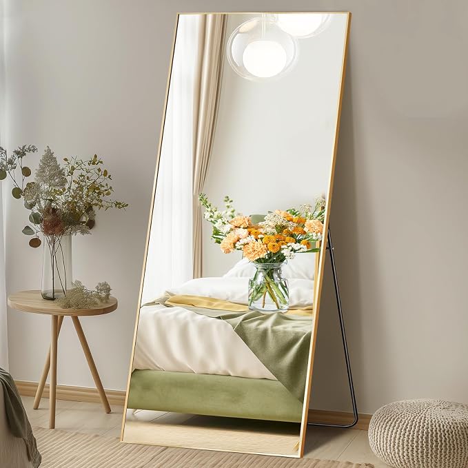 DUMOS 26"x68" Full Length Mirror with Stand, Full Body Floor Mirror | Free Standing or Wall Mount, Nano Glass Aluminum Frame, Hanging or Leaning, Modern Simple Home Decor, Gold