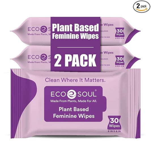ECO SOUL Plant-Based Feminine Hygiene Wipes (30 Count, Pack of 2) Dermatologist Tested pH Balanced Intimate Cleansing Wipes FSC-Certified Alcohol-Free, Paraben-Free, Fragrance-Free & Hypoallergenic