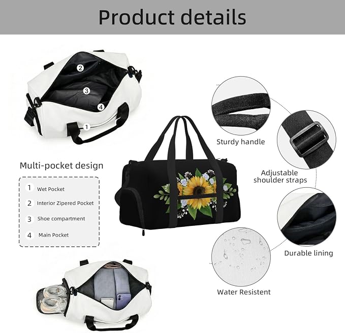 Fiokroo Sports Gym Bag Sunflowers Flowers Travel Duffel Bag For Men Women With Shoe Compartment Water Resistant Gym Bag Carry On Duffel Bag For Weekend Traveling Yoga Gym Sports