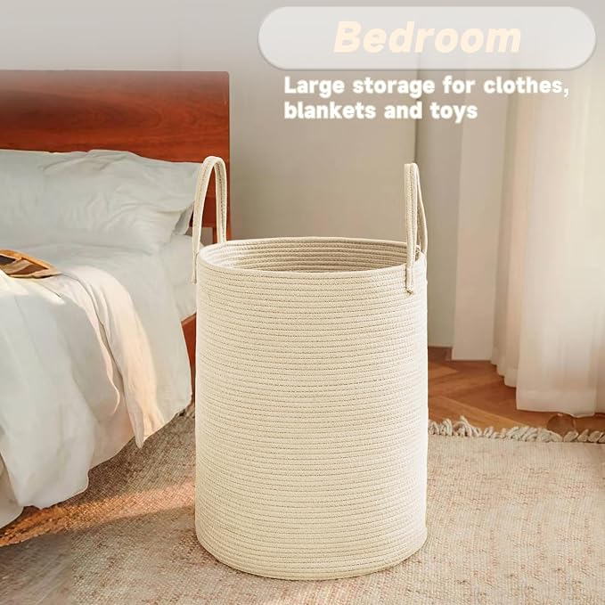 JMvicyroam 60L Cotton Rope Laundry Basket Hamper, Beige | Collapsible laundry basket, reinforced handles, freestanding, machine washable, holds 3-5 thick blankets, clothes or toys